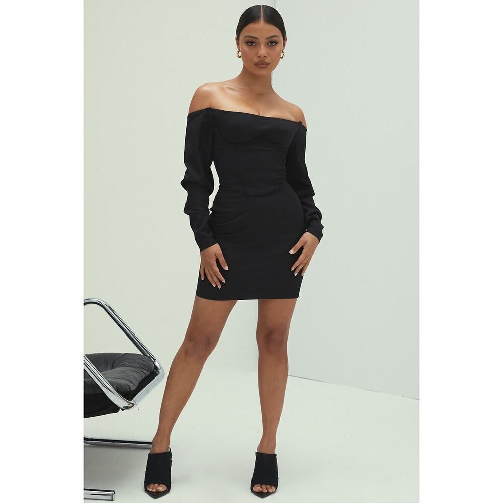 Mistress Rocks Bardot Corset Dress Women's Medium Black Mini Crepe Off Shoulder